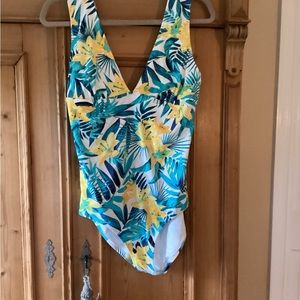 Lands End one piece swimsuit in vibrant  yellow and blue tropical print.